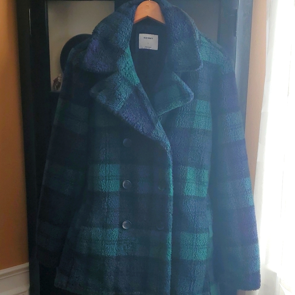 Old Navy black watch plaid fleece pea coat